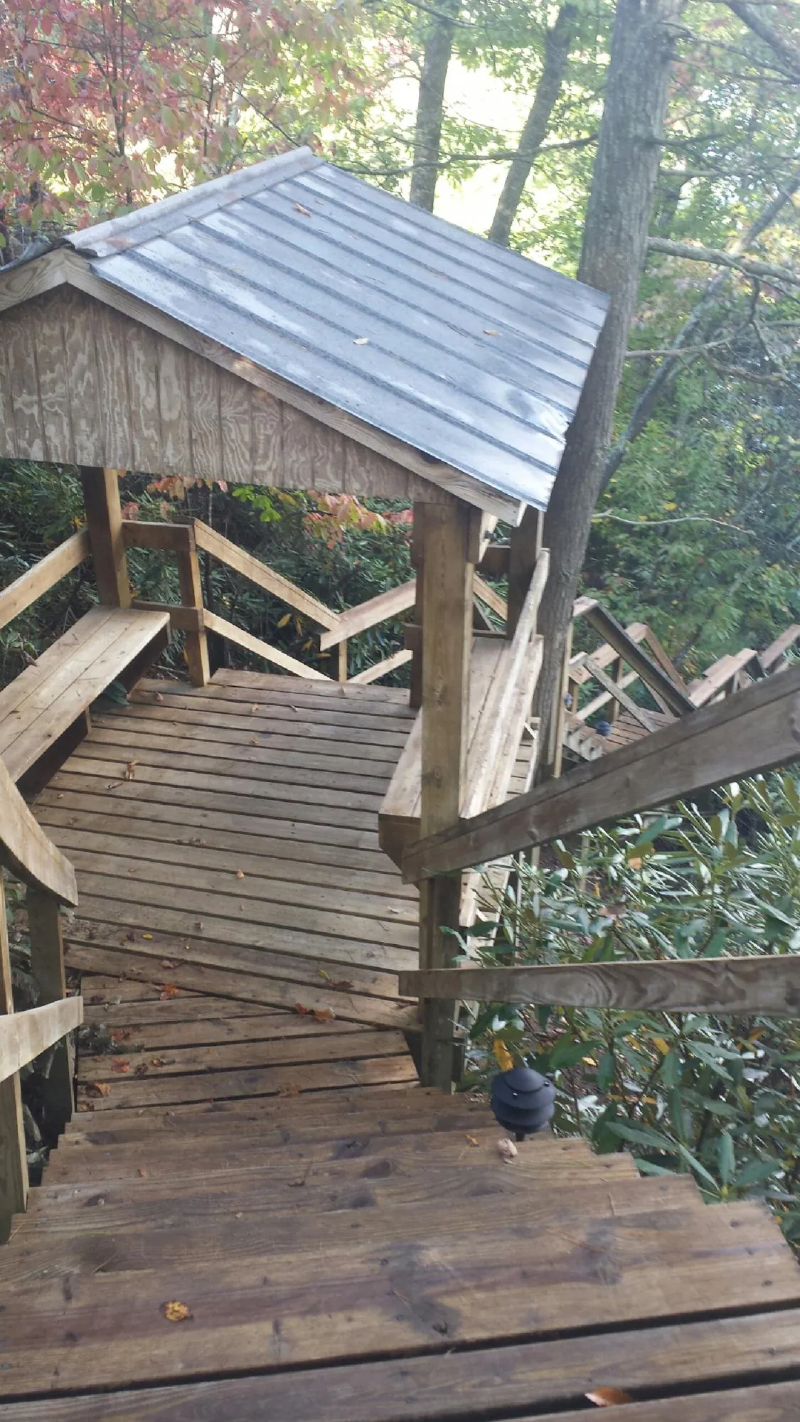 Metal roofed shelter over wooden steps on a wooded walkway — Skylight Repair & Installation work by our crew in Leawood
